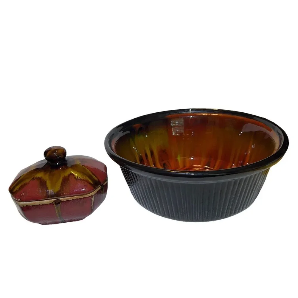 Drip Glazed Pottery Bowl Large 9.5x4 Brown Trinket Jewelry Holder Ribbed &‎ Lid